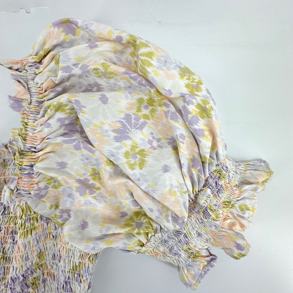 Levi's Smocked Floral Puff Sleeve Tiered Midi Dress M Yellow Purple Cottage Boho - Picture 7 of 10